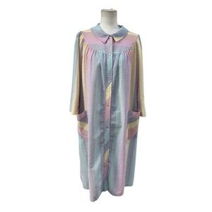 Vintage Saybury Coffee Coats Rainbow Seersucker House Dress Robe MuuMuu Snap M